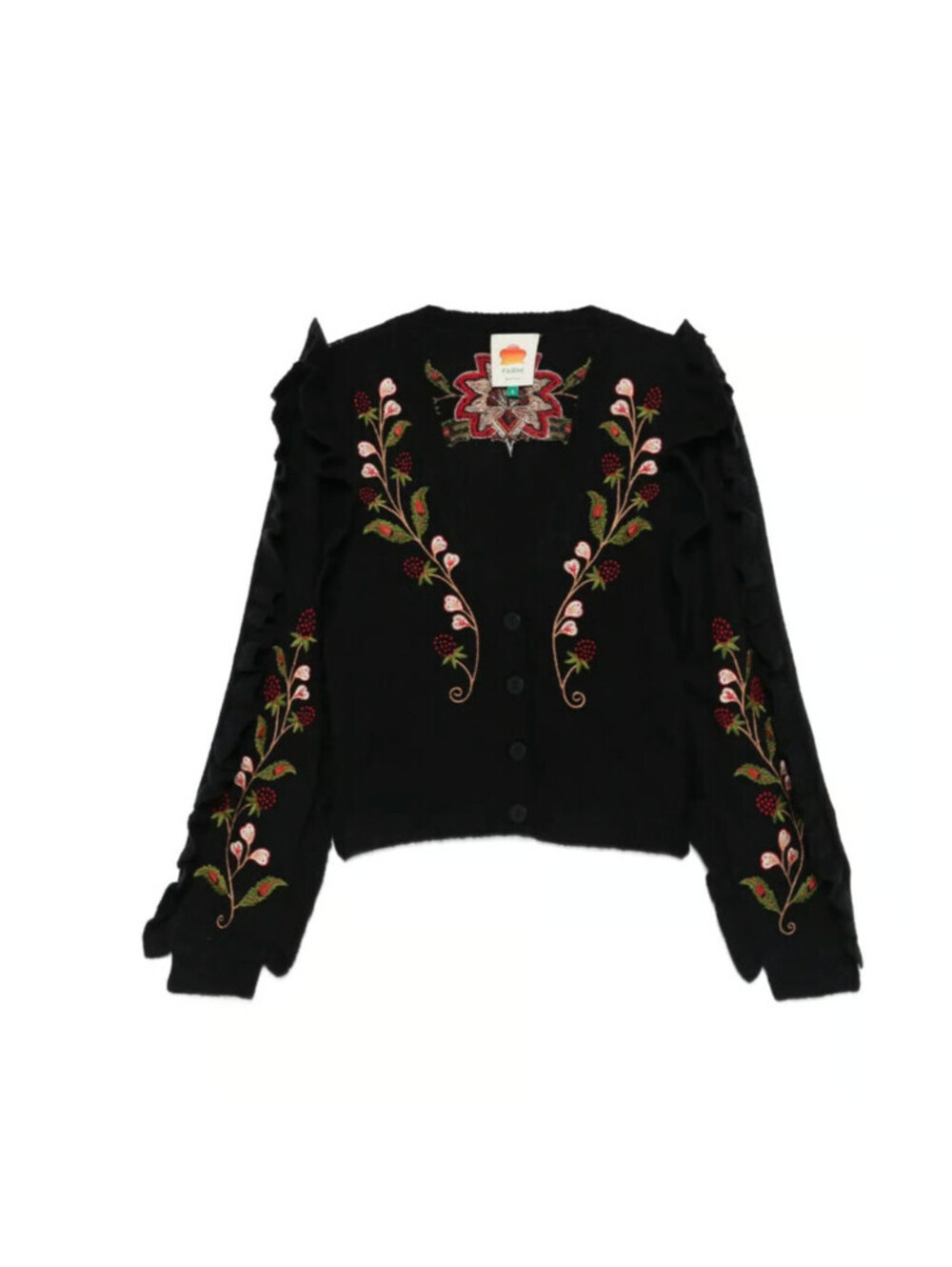 NEW, Farm Rio Berry Embroidered Ruffle Cardigan in Black Sz M #T4052 - Picture 2 of 10